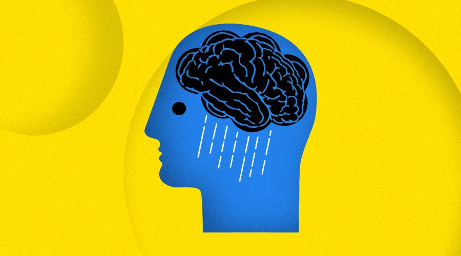 A imagem com fundo amarelo conta com uma ilustração do contorno de uma cabeça humana, e dentro dela uma nuvem chuvosa no formato do cérebro.